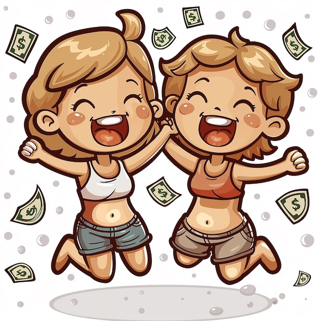 Jasny rysunek kawaii przedstawiający parę młodych ludzi skaczących z radości