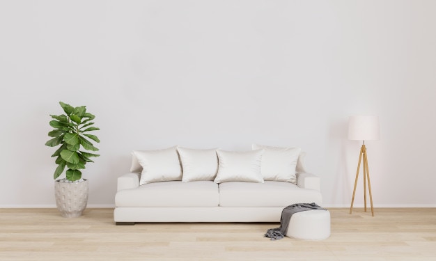 Jasny salon z białą sofą, białą nowoczesną lampą i rośliną