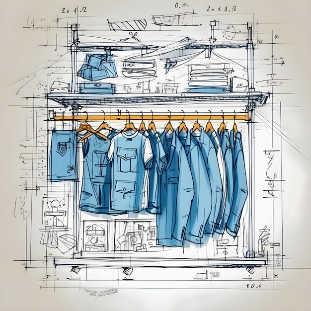 Jasny wieszak sklepowy z ilustracją szkicu projektu ubrania