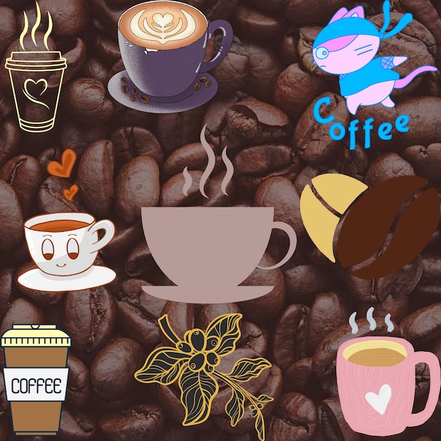 Zdjęcie jasny wzór tła kawy z różnokolorową grafiką
