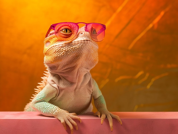 Zdjęcie jaszczurka z różowymi okularami na głowie siedzi na różowej półce generatywnej ai