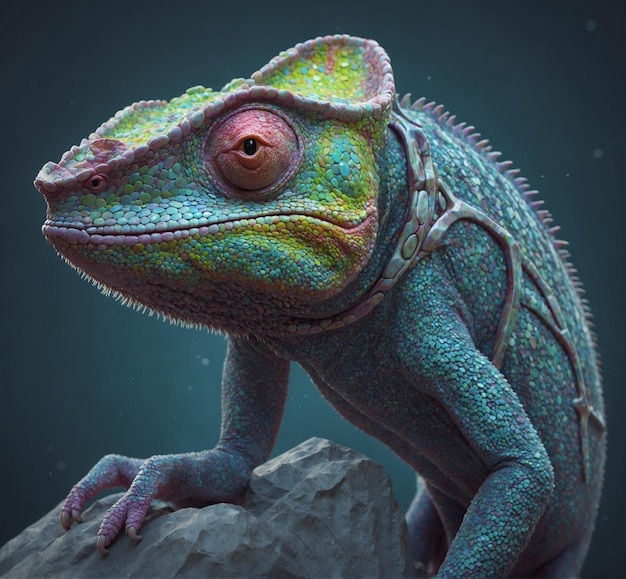 jaszczurka z zieloną głową i pomarańczowymi oczami siedzi na skale