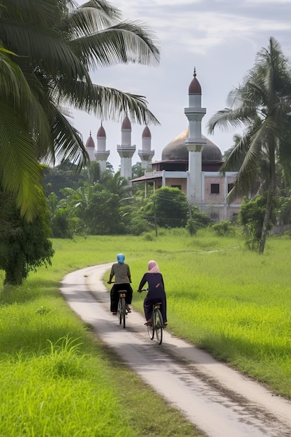 Jazda na rowerach na polu ryżowym przed meczetem Generative AI