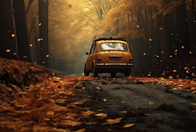 jazda samochodem w pierwszych jesiennych liściach w lesie