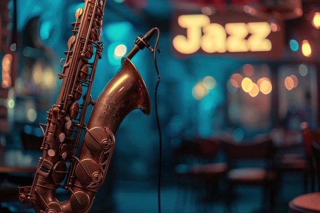 Jazz Revival Saksofon na pierwszym planie sceny klubu jazzowego z neonowym oświetleniem jazzowego odrodzenia