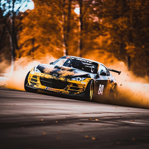 jdm japoński samochód driftingowy profesjonalne zdjęcie dymu dynamiczna w ruchu fotografia sportowa tuningowa