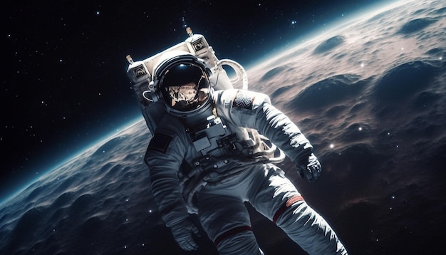 Jeden astronauta okrąża galaktykę w futurystycznym statku kosmicznym wygenerowanym przez sztuczną inteligencję