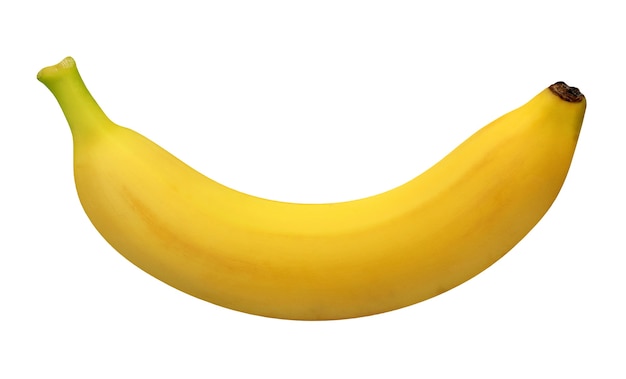 Jeden banany na białym tle na białej ścianie. całe żółte owoce.