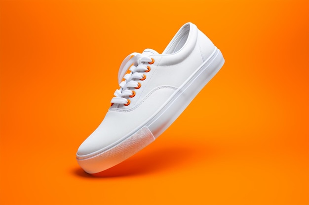 Zdjęcie jeden biały sneaker i odizolowany na pomarańczowym