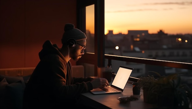 Jeden biznesmen pisze na laptopie o zmierzchu wygenerowany przez sztuczną inteligencję