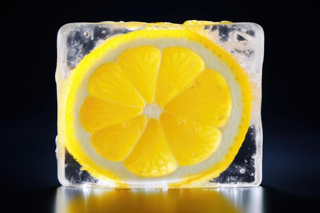 Zdjęcie jeden kawałek cytryny spoczywa na łóżku przezroczystego lodu cytryna wydziela świeżość i dodaje smaku każdemu napoju izolowany na przezroczystym tle png