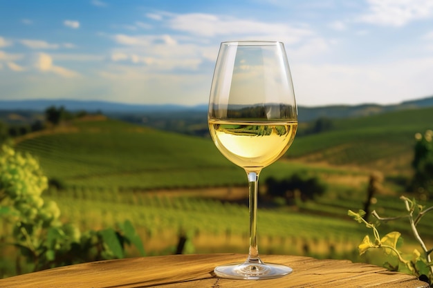 Jeden kieliszek białego wina i zielony widok krajobrazowy do testowania wina