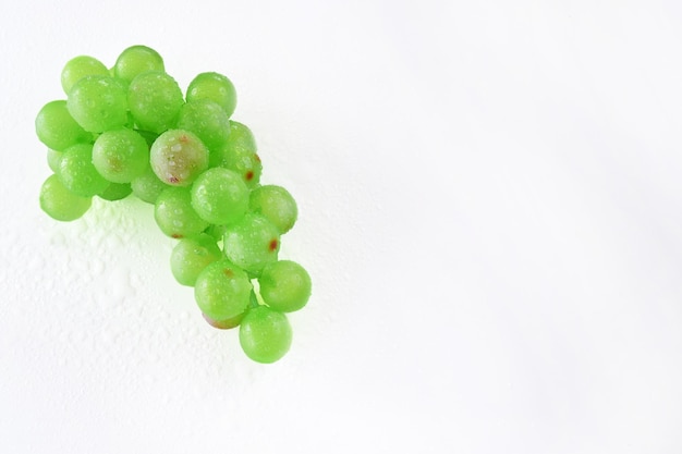 Jeden kiść zielonych winogron z kroplami wody na białym tle i na białym tle ze ścieżką przycinającą.