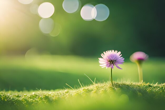 Zdjęcie jeden kwiat w trawie z słońcem za nim.