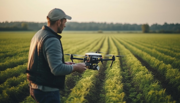Jeden mężczyzna pilotujący drona uchwycił wiejski zachód słońca wygenerowany przez sztuczną inteligencję