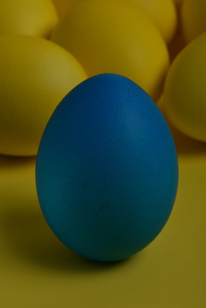 Jeden niebieski malowane jajko wielkanocne stoi przed żółtymi jajkami na żółtym tle
