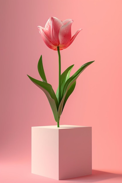 Jeden różowy tulipan z zielonymi liśćmi stojący prosto w białej wazonie sześciennym przeciwko różowemu