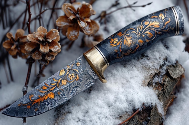 Jeden stylowy nóż kuchenny ze stali damasceńskiej na drewnianej desce