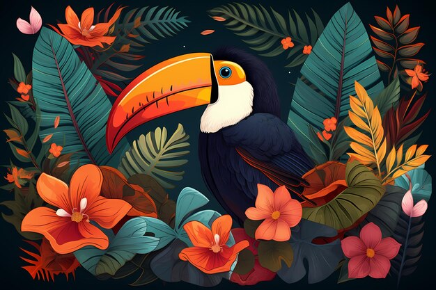 jeden tukan siedzący na gałęzi w tle lasu tropikalnego raju
