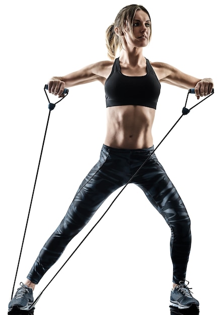 jedna biała kobieta ćwiczy pilates fitness elastyczny odporny pas ćwiczeń izolowana sylwetka