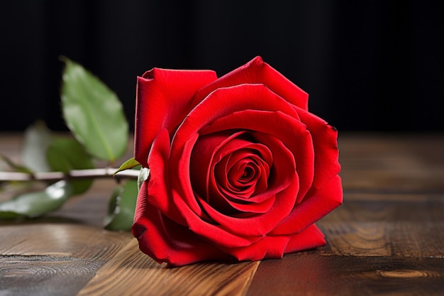 Jedna czerwona róża na drewnianym stole