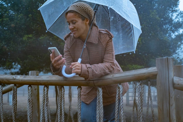 Jedna Kobieta Korzystająca Z Telefonu Komórkowego Na Zewnątrz W Deszczu Z Przezroczystym Parasolem Nowoczesna Kobieta W Technologii Spędzania Wolnego Czasu Sama Na Czacie I Wysyłaniu Wiadomości Na Urządzeniu Komórkowym Ludzie Połączeni