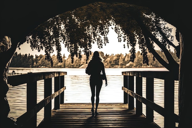 Jedna kobieta obok jeziora i drewnianego mostu