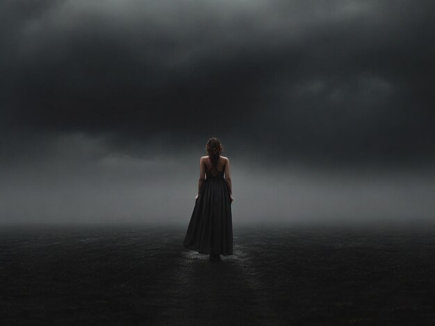 Jedna kobieta stojąca w samotnym krajobrazie