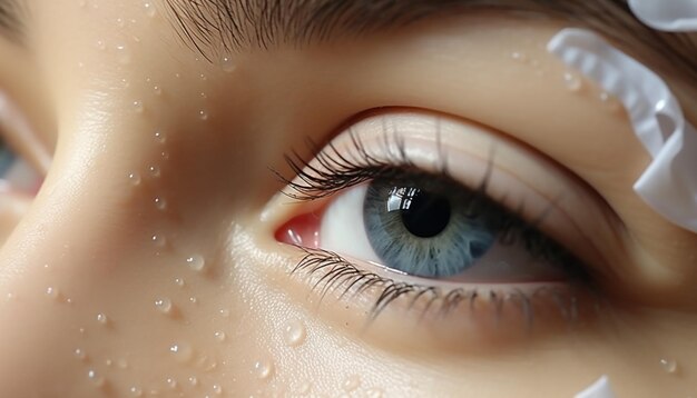 Zdjęcie jedna kobieta z niebieskimi oczami patrząca czystą i zdrową, wygenerowaną przez sztuczną inteligencję.
