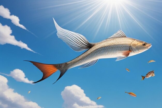 Jedna majestatyczna ryba latająca w powietrzu, jej łuski błyszczące w świetle słońca.