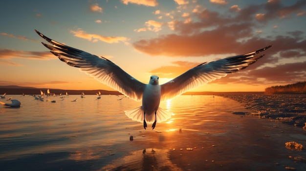 Jedna mewa latająca nad spokojnym zachodem słońca spr zdjęcia Ai wygenerowała sztukę