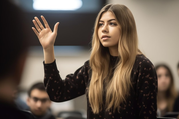 Zdjęcie jedna młoda kobieta stoi i podnosi rękę w klasie, zadając pytanie