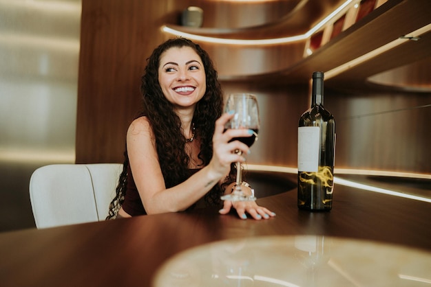 Jedna młoda piękna latynoska kobieta przy stole, trzymająca w domu kieliszek czerwonego wina, sama się uśmiecha