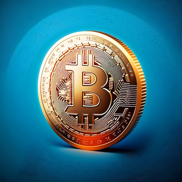 Jedna moneta bitcoin z niebieskim tłem