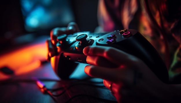 Zdjęcie jedna osoba grająca w nocy w gry wideo w pomieszczeniu z joystickiem generowanym przez sztuczną inteligencję