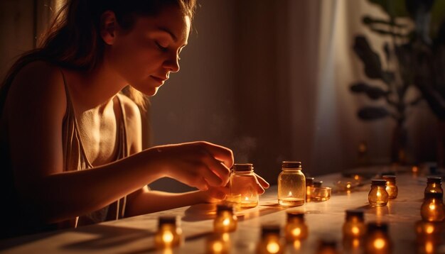 Zdjęcie jedna osoba siedząca w ciemnym pomieszczeniu, trzymająca świecę dla relaksu wygenerowaną przez sztuczną inteligencję