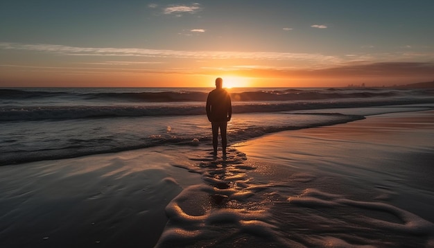 Zdjęcie jedna osoba stojąca w samotności cieszy się spokojnym zachodem słońca generowanym przez sztuczną inteligencję