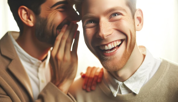 Zdjęcie jedna osoba szepcze do ucha swojej partnerki, obie z błyszczącym uśmiechem.