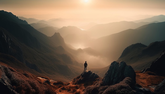 Zdjęcie jedna osoba wędrująca na szczyt góry o wschodzie słońca wygenerowana przez sztuczną inteligencję