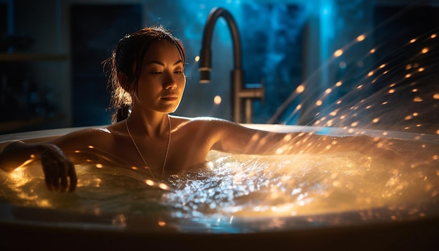 Jedna piękna kobieta cieszy się hydroterapią w luksusowej wannie gorącej wygenerowanej przez sztuczną inteligencję