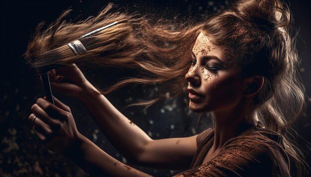 Zdjęcie jedna piękna kobieta z długimi brązowymi włosami cieszy się nocnym tańcem generowanym przez sztuczną inteligencję