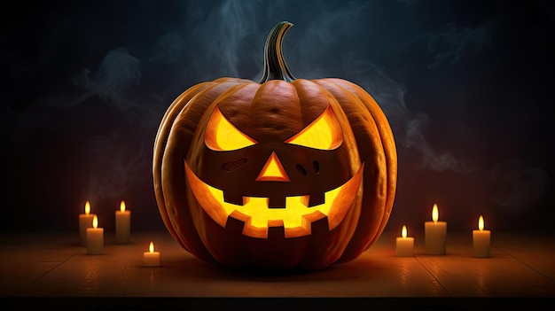 Jedna przerażająca halloween dynia jackolantern na stole świece wokół