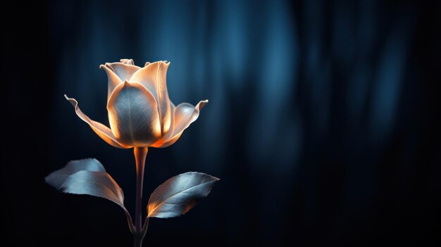 Zdjęcie jedna róża z światłem świecącym na niej w ciemności.