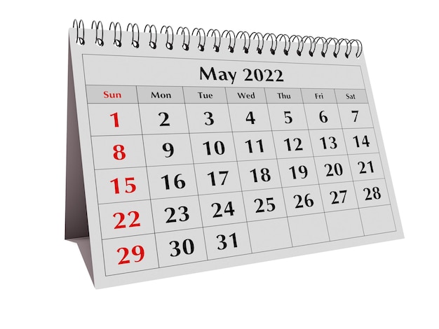 Jedna strona rocznego biznesowego kalendarza miesięcznego Data miesiąc maj 2022 r.