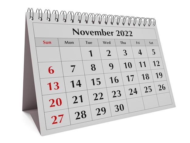 Jedna strona rocznego kalendarza miesięcznego Business Desk Data miesiąc Listopad 2022 r.