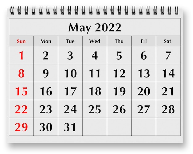 Jedna strona rocznego kalendarza miesięcznego maj 2022
