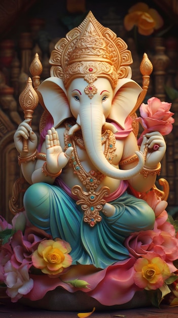 Jedna z 3D wydrukowanych posągów Ganesh w tradycyjnych kolorach na lotosowym tle