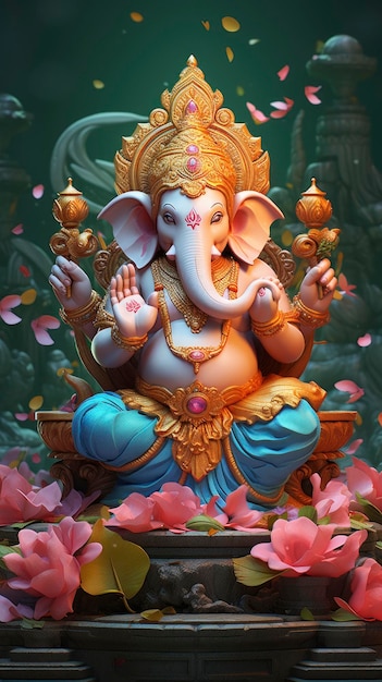 Jedna z 3D wydrukowanych posągów Ganesh w tradycyjnych kolorach na lotosowym tle