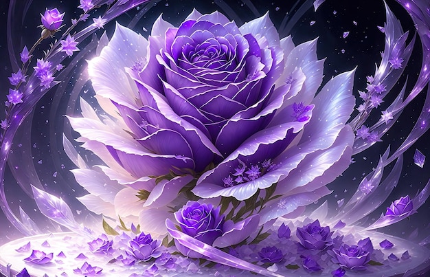 Jedna zamarznięta fioletowa róża ukryta w krzaku z kryształkami lodu