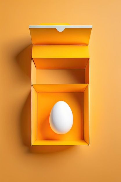 Jedno jajko w pudełku na żółtym tle Płaskie położenie widoku górnego przestrzeni kopiowania